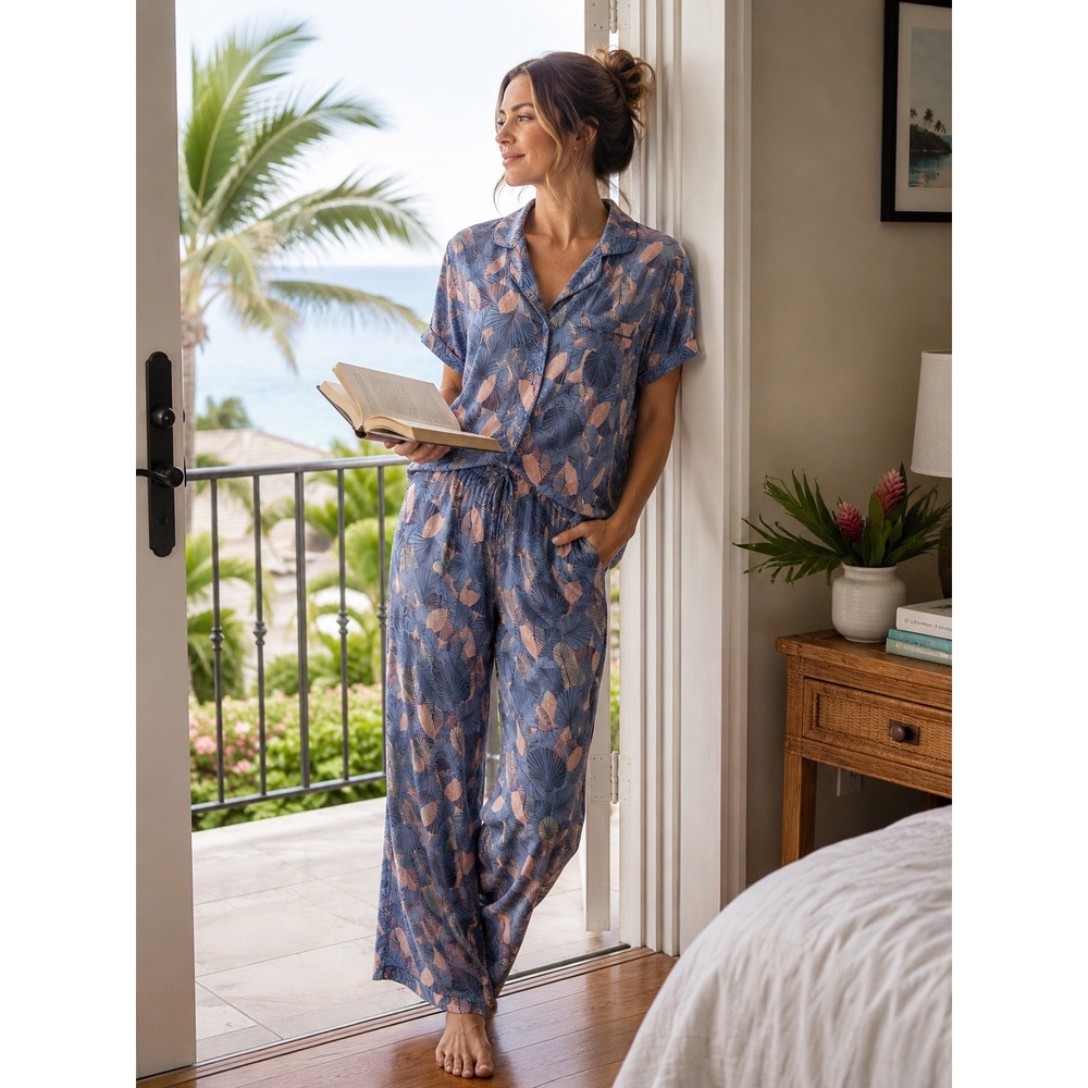 Serra Lounge Wear 2 Piece Pajama Set Medium Blue Pink Tropical Leaf Lyocell